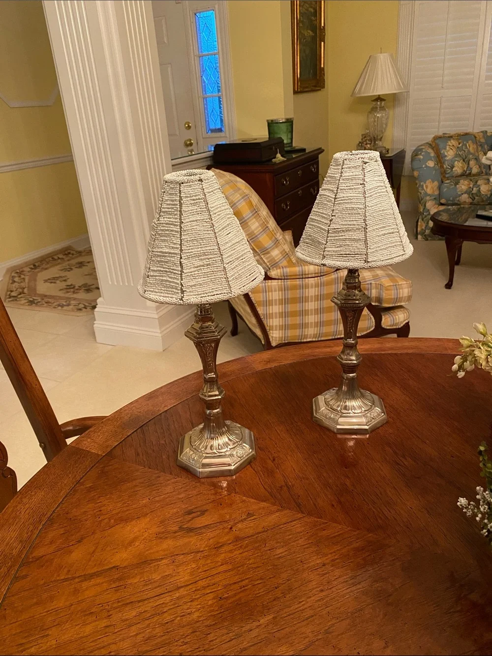 Enchanted Hime: Pair of Silver Accent Table Lamps with Cream Beaded Shades heavy